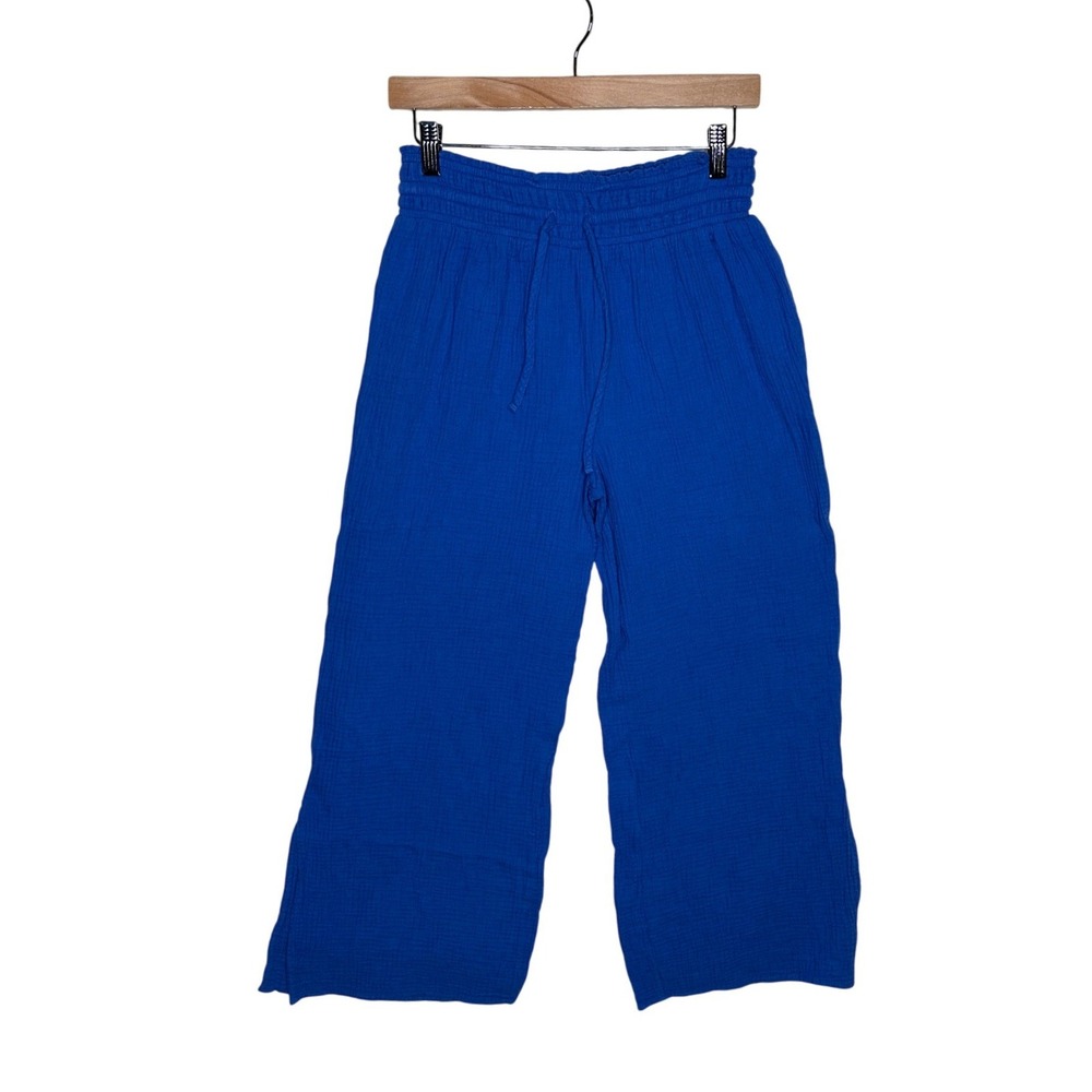 Magaschoni Womens 100% Cotton Wide Leg Casual Pants Size Small Blue